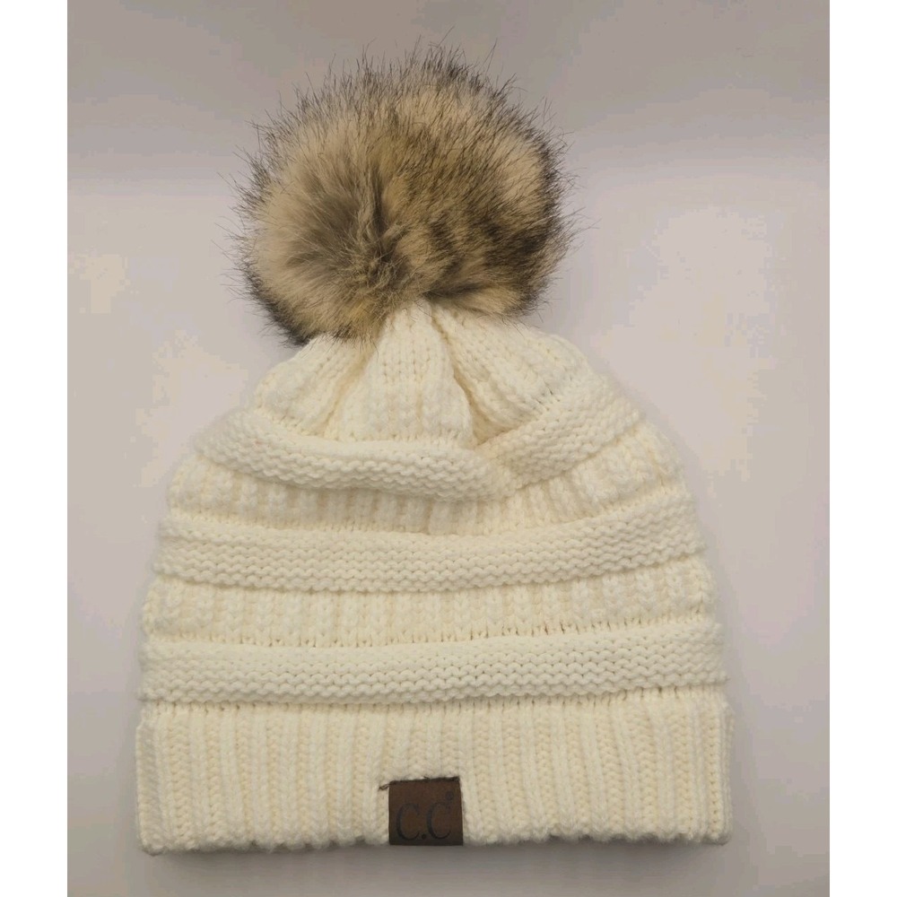C.C. Chunky Cable Knit Ladies Hat Faux Fur Pom Pom Ivory